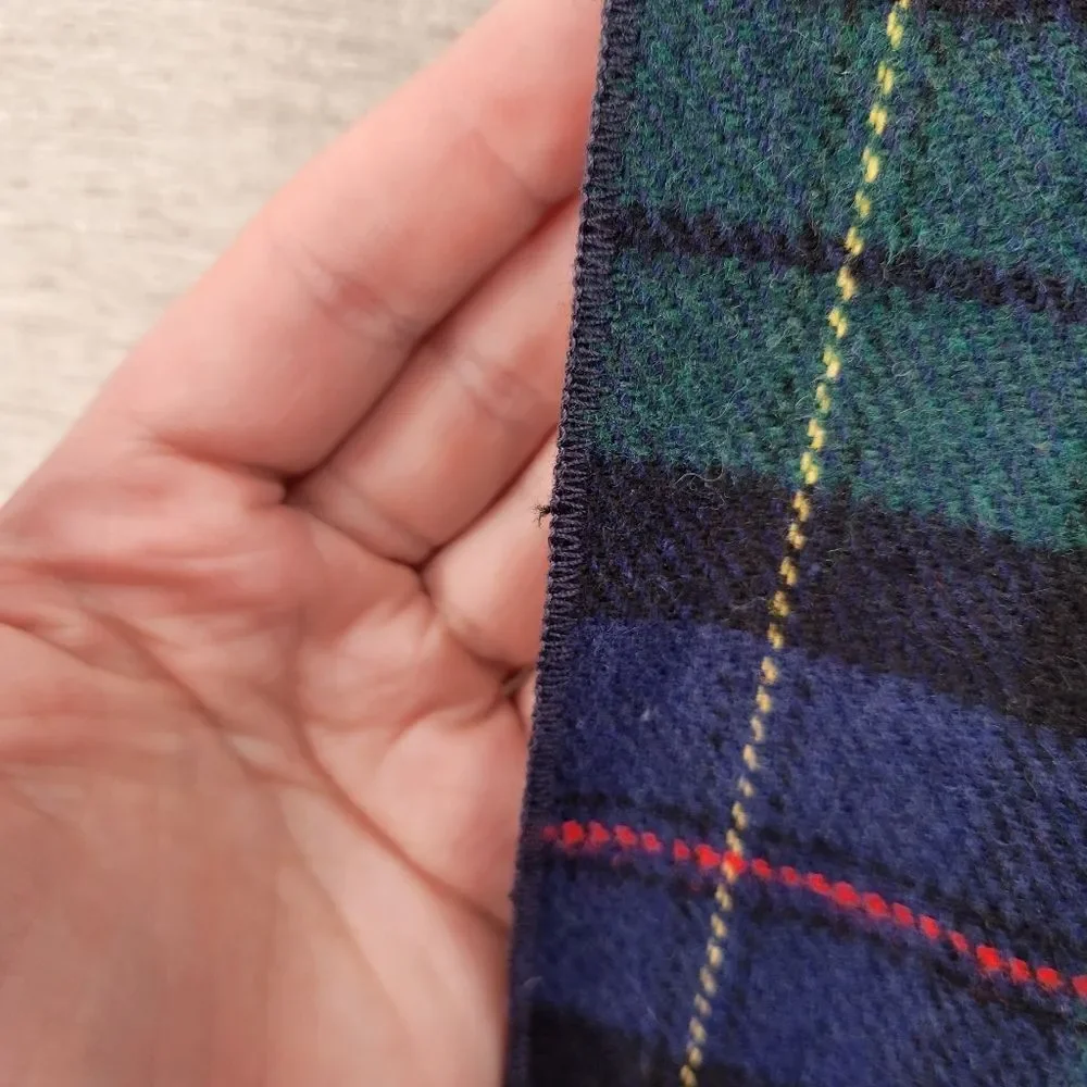 Vintage Wool Tartan Plaid Navy Blue and Green Scarf with Short Fringe